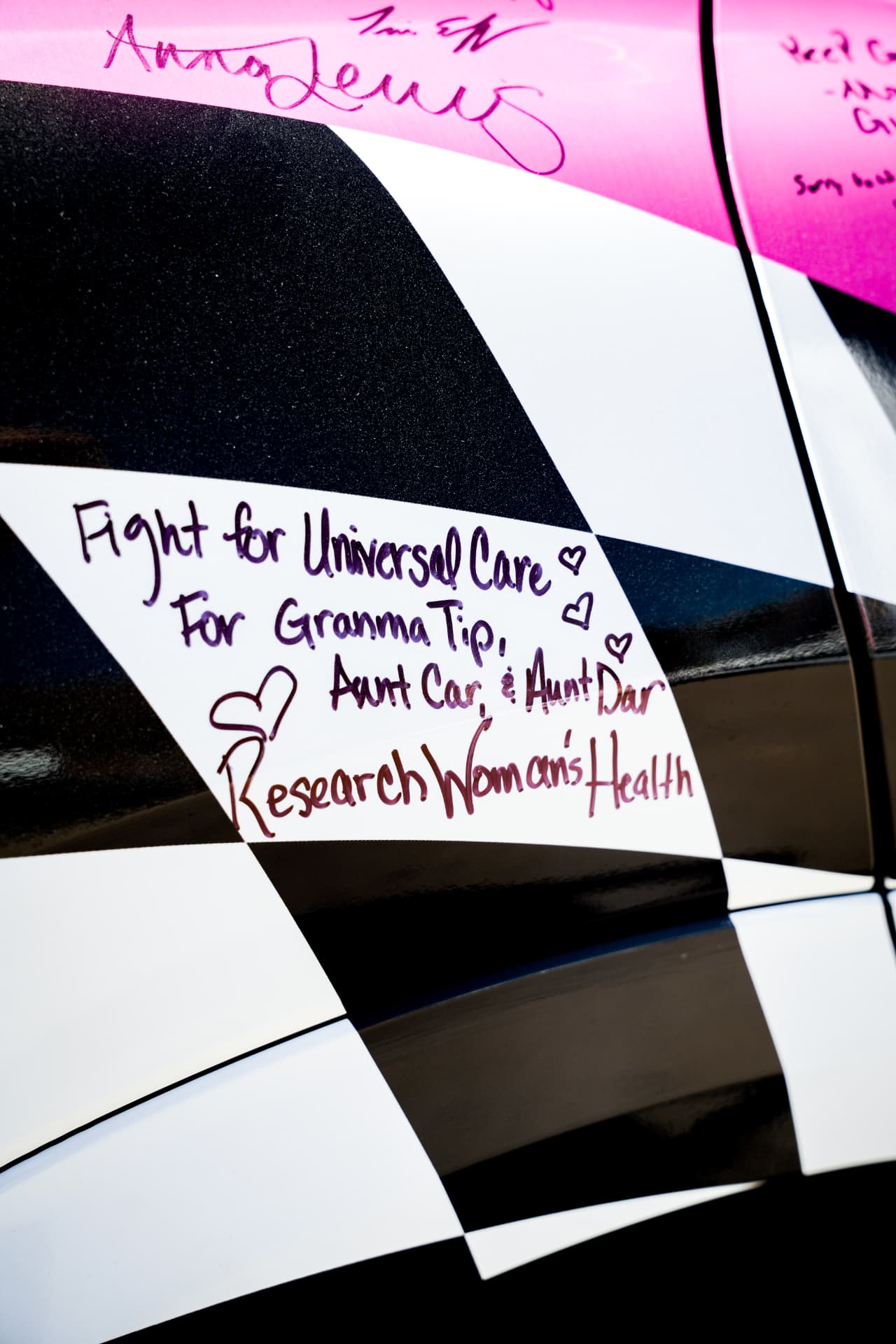 Handwritten message of support on the car