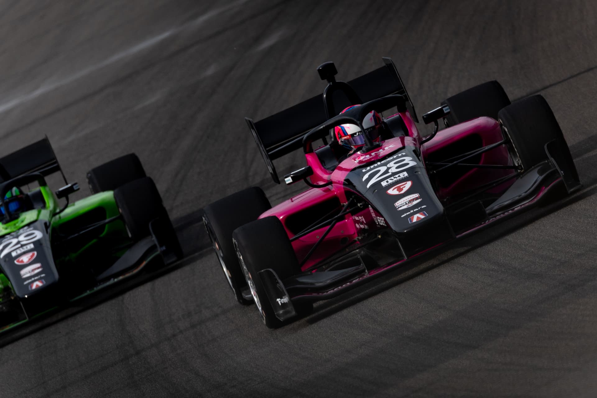 Max Taylor's pink #28 Andretti Global car on track